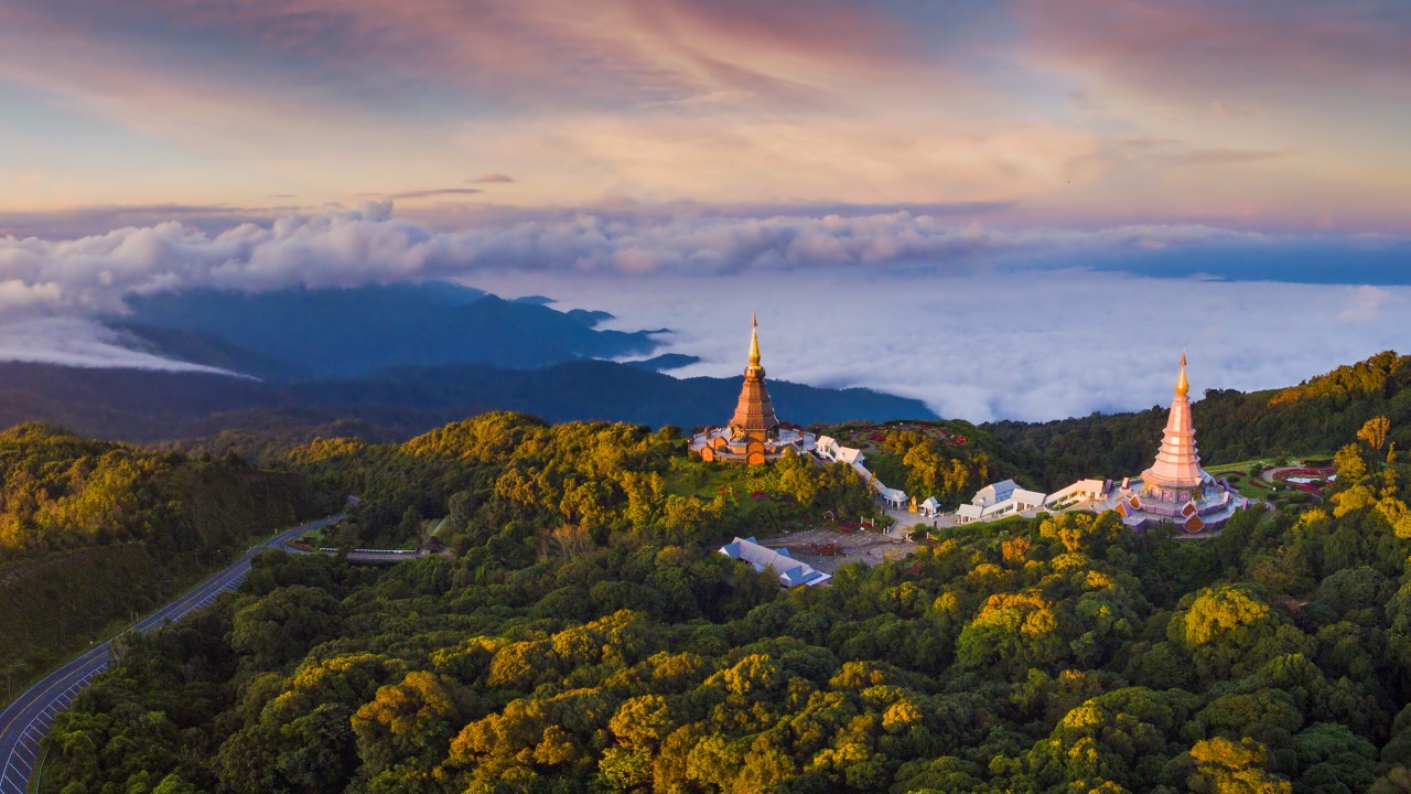 The twin pagodas on Doi Inthanon rising above a sea of clouds